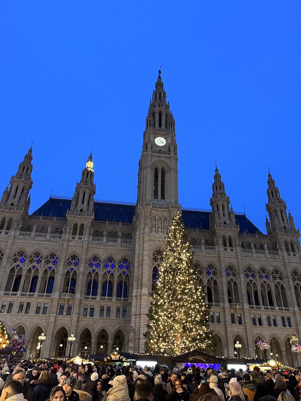 A bécsi Rathausplatz karácsonyfája este